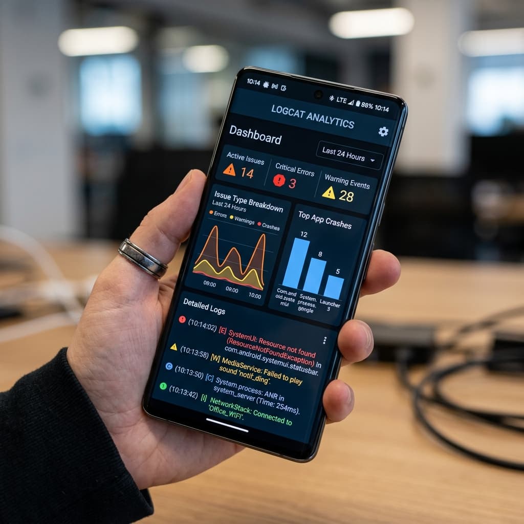 Close-up of Android Logcat analytics dashboard showing app performance and bug reports