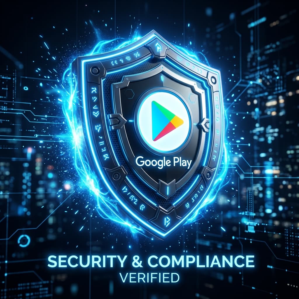 Security shield icon with Google Play logo representing guaranteed testing compliance