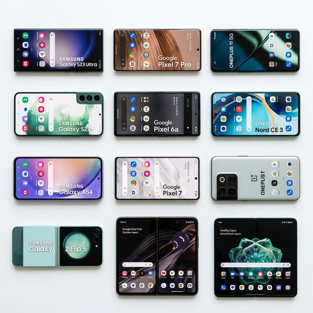Grid of multiple Android smartphones including Samsung, Pixel, and OnePlus for app testing